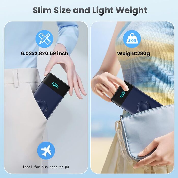 Powerbank 10800mAh з кабелем, зарядкою для Apple Watch, 6-в-1, PD 25W+QC4.0 USB-C, швидка зарядка, LED-дисплей, сумісний з i-Watch/iPhone 16/15/14/Samsung (Блакитний)