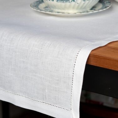 Linen & Cotton High-Quality and Elegant Table Runner Fabric/Table Band with Hollow Edge Florence - 100% Linen, 43 x 180cm (White/Weiss), Ideal for Wedding, Catering, Hotel
