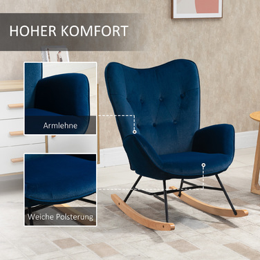 Крісло-гойдалка HOMCOM з капюшоном Rocking Chair Великий комфорт Підлокітники Сидіння Спинка оббита високощільним оксамитом Синій | Aosom