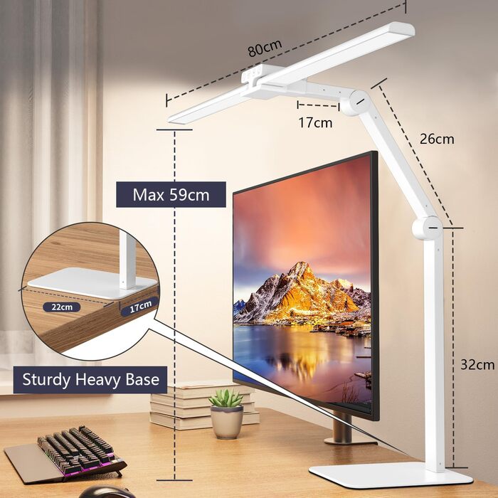 LED настільна лампа KableRika з двома головками: 24W, регулювання яскравості, захист очей, для офісу та дому, сучасне освітлення монітора, білий колір