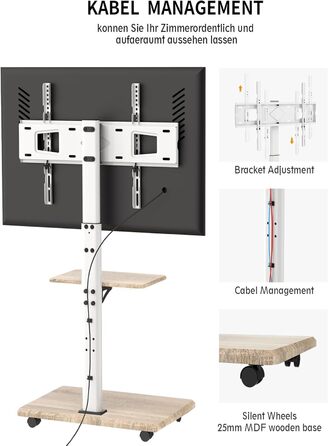 Підставка для телевізора Delphos Mobiler TV Stand - роликова, з дерев'яною основою, для телевізорів 32-70 дюймів, до 45 кг, регульована висота до 130 см, поворотна ±25°, VESA 600x400, біла