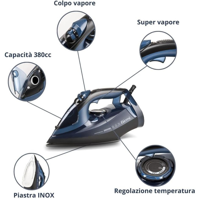 Праска Girmi ST6204 з парою, 2800W, 380мл резервуар, підошва INOX, самоочищення, термостат, вертикальне прасування