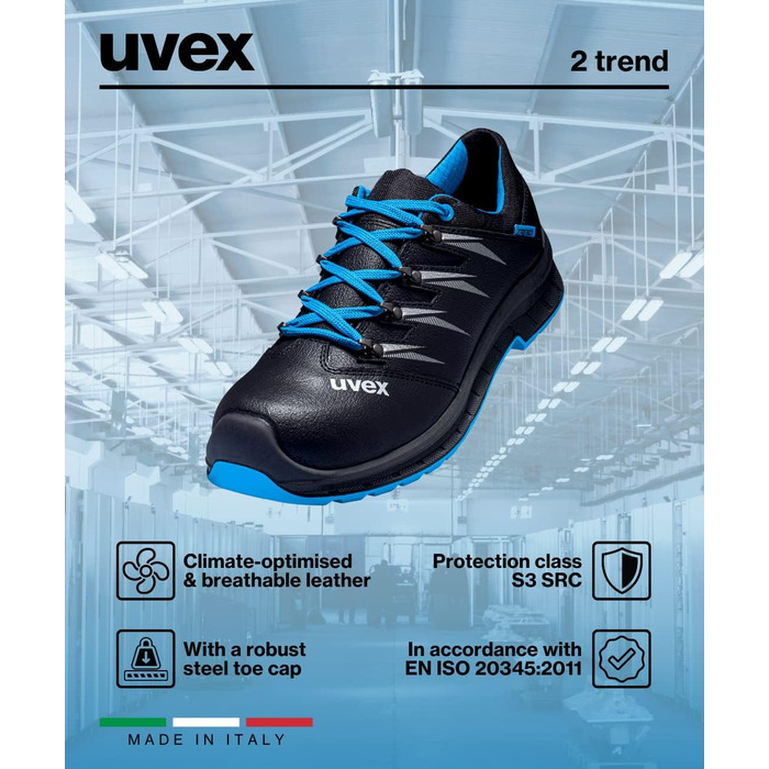 Робочі черевики Uvex 2 Trend S3 з металевим носком для жінок та чоловіків, 51 EU, блакитно-чорні