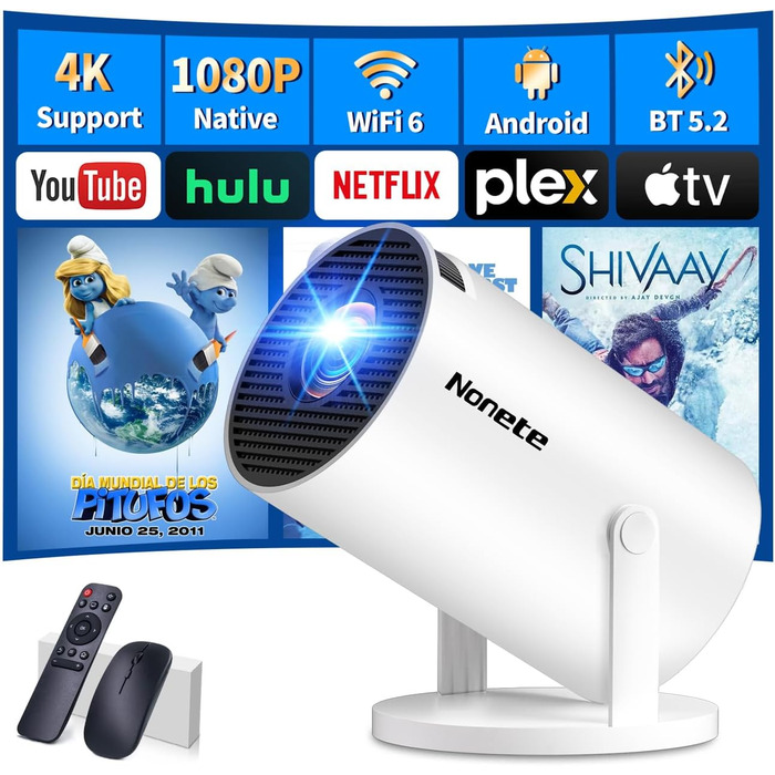 4K проєктор Beamer Full HD 1080P Mini з Wi-Fi 6 та Bluetooth 5.2, Android, портативний, 270° обертання, автоматична корекція трапеції, для PC/HDMI/USB, з мишкою та пультом, білий