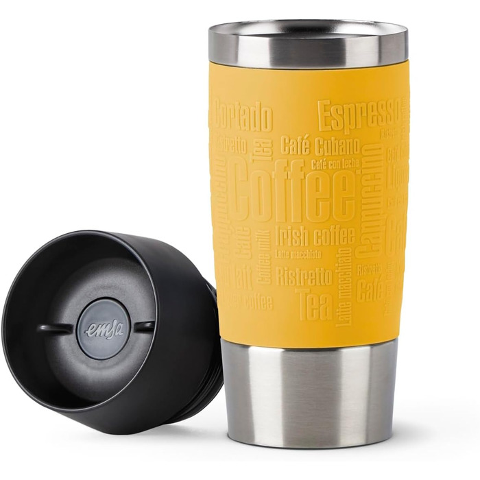 Термокружка Emsa Travel Mug Classic, 360 мл, жовта, з рукавом, 4 години гаряче, 8 годин холодне, 100% герметична