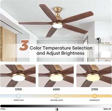 Дзеркальний вентилятор для стелі з дерева, без освітлення, з пультом керування, тихий, для вологого приміщення, 132 см (52 дюйми), коричневий, 5 лопатей