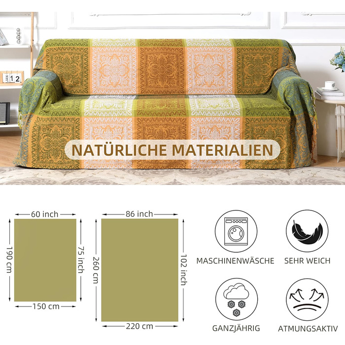 HOORDRY Chenille Woven Throw Blanket 220x260CM, Sofa Throw Blanket Overthrow Blanket for Couch Bed Sofa Chair, Double-Sided Boho Blanket with Tassels, Cozy Soft Couch Blanket Reversible Blanket, Green/Yellow Green 220 x 260 cm