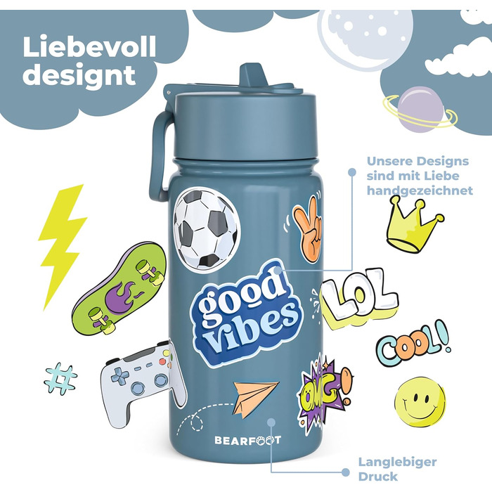 Дитяча термопляшка Bearfoot з нержавіючої сталі з трубочкою, 400 мл, без BPA, не протікає, для малюків, дівчаток та хлопчиків, ідеально для школи та садочка (Блакитна з наліпкою)