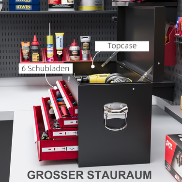 HOMCOM Tool Case Tool Box with 6 Drawers, Lock, Tool Box Handle, Tool Chest, Steel, Red+Black, 60x26x34cm | Aosom