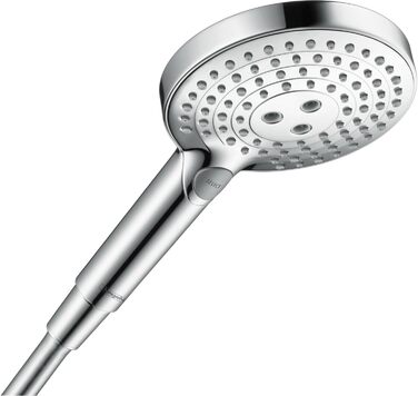 hansgrohe Raindance Select S - water-saving showerhead 9 l/min (EcoSmart), hand shower with 3 spray patterns, round shower head (⌀ 120 mm), water-saving showerhead with anti-limescale function, (showerhead incl. PowderRain + hose, Chrome, showerhead incl. PowderRain + hose)