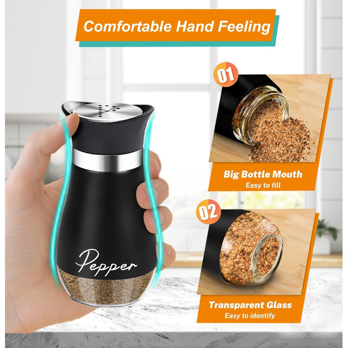 Набір соляної та перечної солілки з нержавіючої сталі з скляною пляшечкою, диспенсер для спецій, аксесуари для кухні, дому, ресторану, обіднього столу (Чорний)