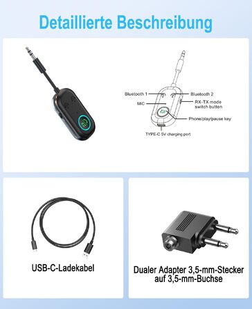 Bluetooth адаптер iKDSAW 2-в-1 (передавач та приймач) 5.3, Aux трансміттер для ТБ, літака, авто, стереосистем та навушників, 3.5 мм Jack
