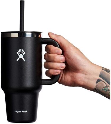 HYDRO FLASK - Travel Tumbler - Thermobecher 946 ml (32 Oz) with Press-In Straw Lid - Stainless Steel - Double-Wall Vacuum Insulation - Splash-Proof Lid - Black