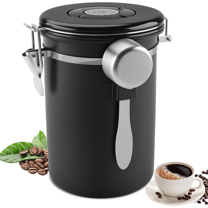 Герметичний контейнер для кави 1.8L з нержавіючої сталі 304 з датою розкриття та мірною ложкою для кави, зерен, чаю, борошна, зерна та цукру (Білий) (Чорний)