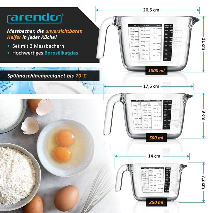Arendo - Borosilicate Glass Measuring Cup Set - Sizes 1000ml, 500ml, 250ml (1l, 0.5l, 0.250l) – Glass Measuring Jug, Pitcher – Precise Scale – Heat Resistant – Microwave Safe – Kitchen Measuring Cup