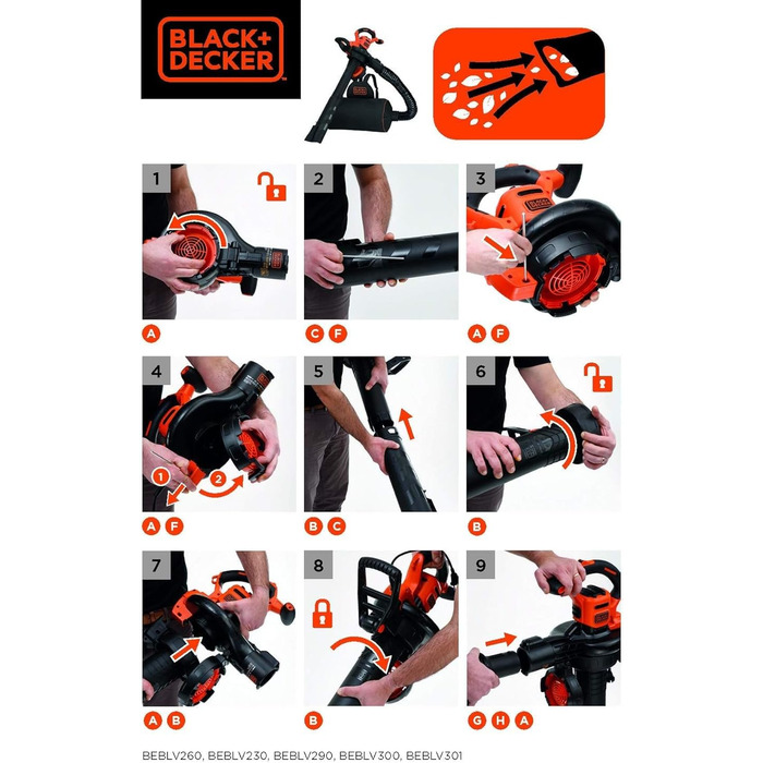 BLACK+DECKER 3-в-1 акумуляторний садовий пилосос-видувка 3000 Вт з подрібнювачем, рюкзаком-мішком 72 л, регульованою потужністю, для терас і доріжок (BEBLV300)