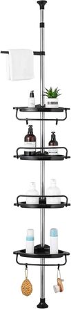 GRICOL Adjustable Height Shower Shelf No Drilling Corner Shelf Stainless Steel Corner Shelf Bathroom Shelf with 4 Baskets and 1 Towel Holder for Bathtub and Bathroom, Rustproof, 95-305CM, Black