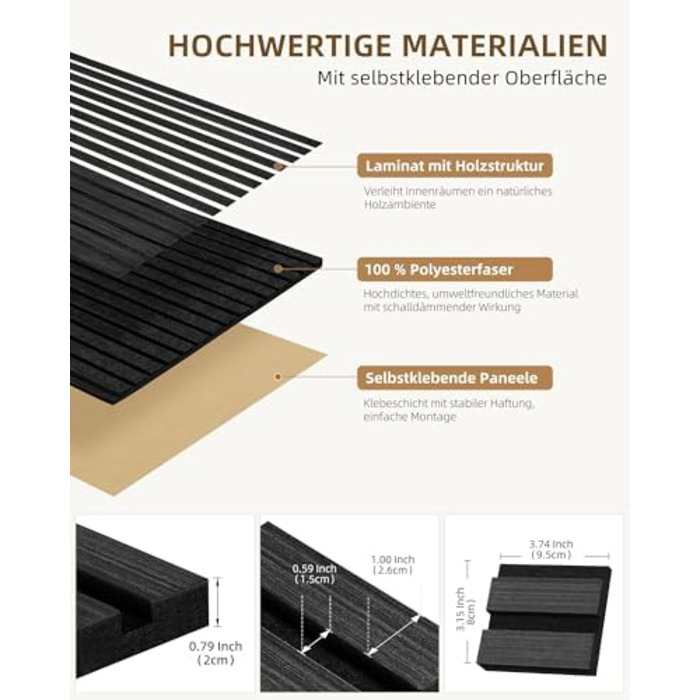 Акустичні настінні панелі JAMELO з шпоном дерева, самоклеючі 3D панелі для стін, стелі та дверей, колір горіх, 10 шт (30 x 15 x 1.2 см)