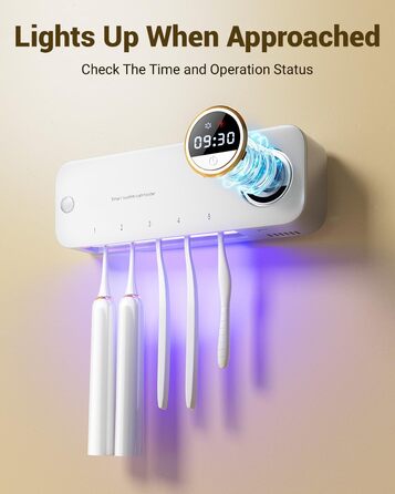 Wall-mounted toothbrush holder with automatic drying, 4000 mAh battery, infrared sensor, holds 5 toothbrushes