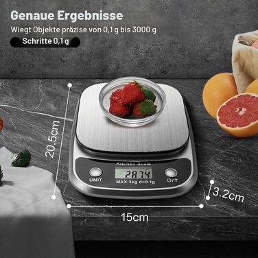 Цифрові кухонні ваги GRAM PRES для продуктів та дієт, точність 0.1г, до 3кг, платформа з нержавіючої сталі, LCD-дисплей, сріблясті (K1905-3KG)