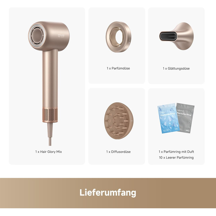 Фен DREAME Hair: Швидке сушіння, 110 000 обертів/хв, іонізація, регулювання температури та потужності, насадки, тиха робота, білий (золотий, Glory Mix)