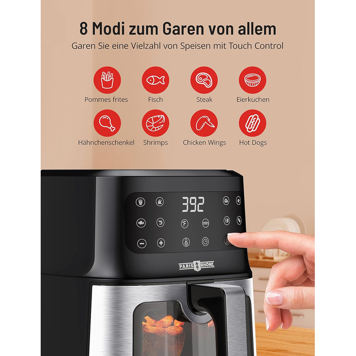Фритюрниця PARIS RHÔNE з гарячим повітрям 5L XL з оглядовим вікном, 8-в-1, для миття в посудомийній машині, з One-Touch управлінням, антипригарне покриття кошика та знімний піддон