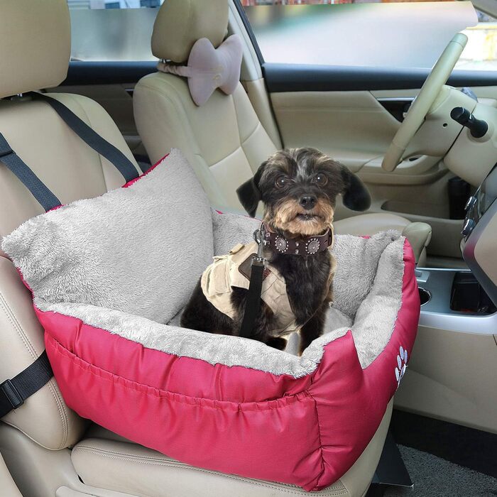 Автокрісло для собак та котів Fareyy - зручне та безпечне автоліжко для маленьких тварин, з підсумком та страхувальним ремінцем, водонепроникне, плюшеве, червоне