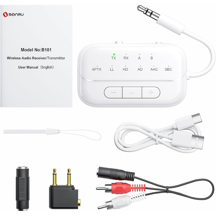 Bluetooth адаптер SONRU 5.3 Airfly: передавач та приймач 2-в-1, Aux 3.5 мм для навушників, ТБ, автомобіля та літака