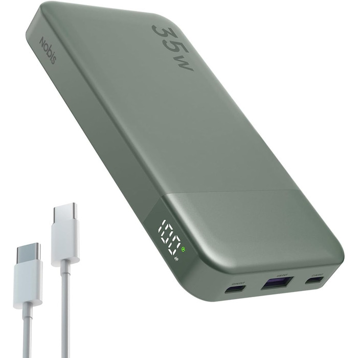 Power Bank NOBIS 35W 10000mAh з Digital Display, USB-C, Швидка зарядка PD/QC, для смартфонів, планшетів, камер (Зелений/Чорний)