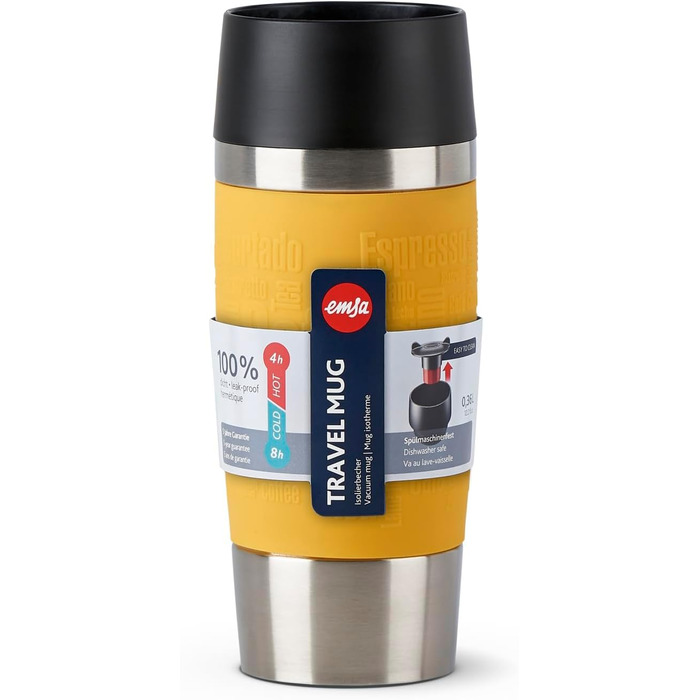 Термокружка Emsa Travel Mug Classic, 360 мл, жовта, з рукавом, 4 години гаряче, 8 годин холодне, 100% герметична