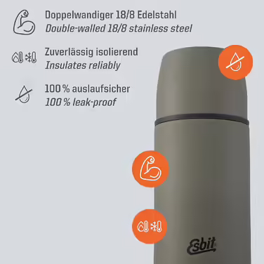 Esbit Classic Insulated Flask - Thermos for hot & cold - Thermos with 2 cups - Stainless steel drinking bottle - Leak-proof - Stainless steel