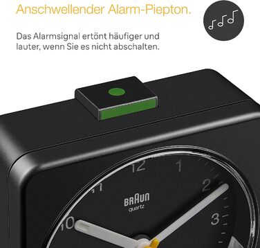 Braun Classic Analog Alarm Clock with Snooze Function and Light, Silent Quartz Movement, Crescendo Alarm, Black Model BC03B