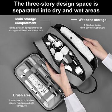 Чоловіча косметичка-органайзер, водонепроникна з PU-шкіри, сіра. Двошарова туалетна сумка для подорожей