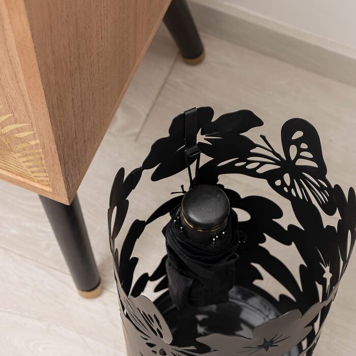 Baroni Home Modern Metal Umbrella Stand Flowers with 2 Hooks and Removable Drip Tray 19 x 19 x 49 cm (black)