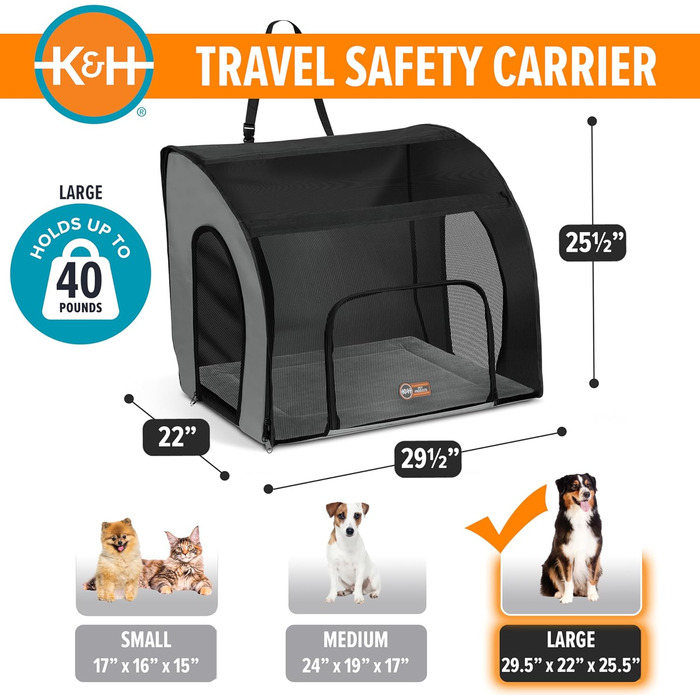 Кенійська переноска для тварин K&H PET Products - переноска для собак та котів у подорожах на авто, сіра/чорна, розмір L (56 x 56 x 65 см)
