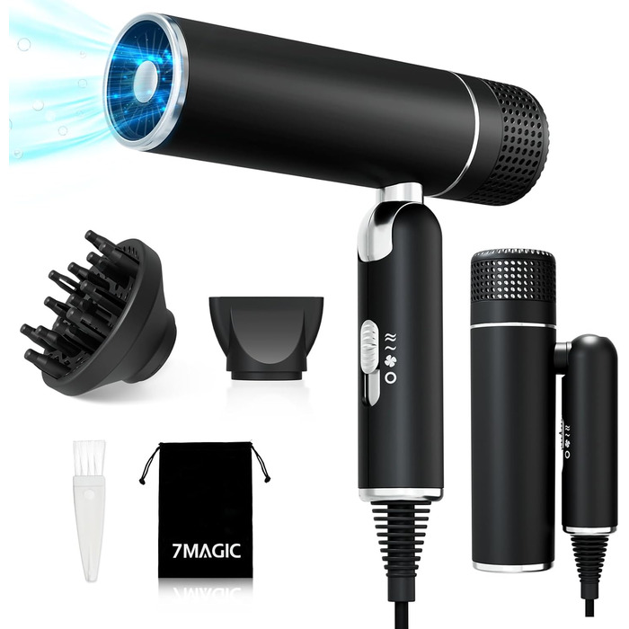 Фен 7MAGIC з концентратором, компактний для подорожей, 1600W, з іонізацією, захист від перегріву, для всіх типів волосся, зелений (з аксесуарами)