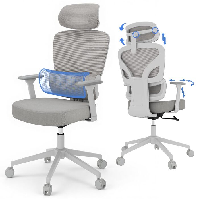 Ергономічне крісло для офісу та геймінгу з регульованою підголівником та 3D підлокітниками, підтримкою попереку, сіре