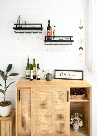 Wall-Mounted Wine Racks 2-Piece Set Wood Rustic Wine Bottle Glass Floating Shelves with Stemware Hangers Modern Wine Display Storage Holder for Kitchen Dining Room Bar, black