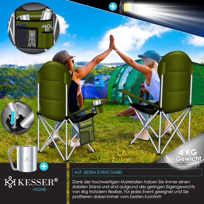Крісло для кемпінгу KESSER® розкладне, до 150 кг, для риболовлі, з підлокітниками, високою спинкою, пляшкотримачем, світлом, сумкою, бежевий/чорний