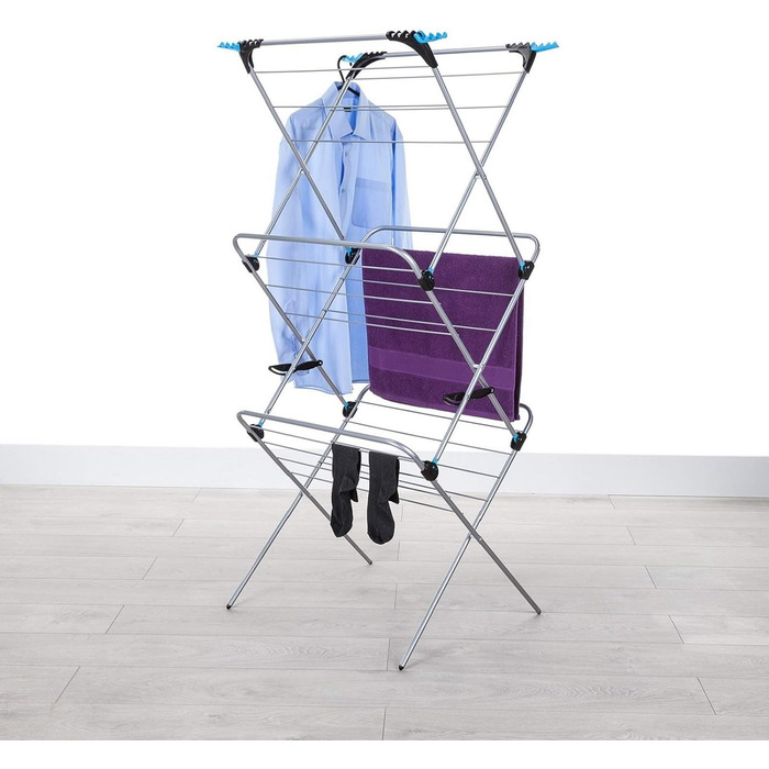 Сушарка для білизни Minky Trio Concertina Plus, 21 м сушильної площі, хром, блакитно-срібляста, для одного ліжка, 3 рівні