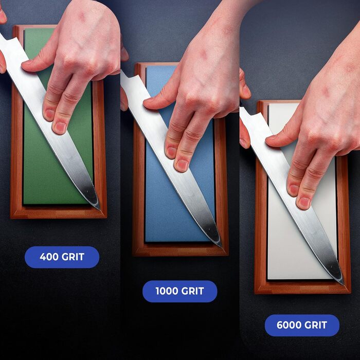 Набір точильних каменів Sharp Pebble Premium: 400/1000/6000 грит - для заточування ножів з водою, з бамбуковою основою та подарунковою коробкою