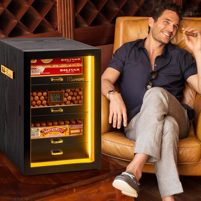 Гумодор для сигар, настільний з цифровим гігрометром, зволожувачем та пакетами для вологи. 4 висувні ящики з кедрової деревини, вміщує до 200 сигар (чорний)