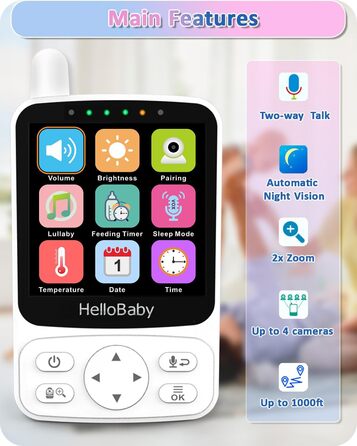 Відеоняня HelloBaby з камерою, до 29 годин роботи від акумулятора, кут огляду 318°/120°, 2x зум, інфрачервона нічна зйомка, ECO-режим, до 300 метрів, двостороння зв'язок