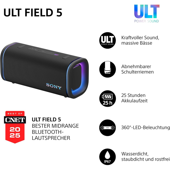Sony ULT Field 5: Портативна Bluetooth колонка з потужним басом, IP67 (водонепроникна, пилозахищена), до 12 год роботи, чорний колір