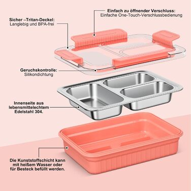 Металева ланчбокс для дітей 900 мл з 3 відділеннями, Bento Lunch Box, без BPA, для школи, дитячого садка, офісу та в дорогу