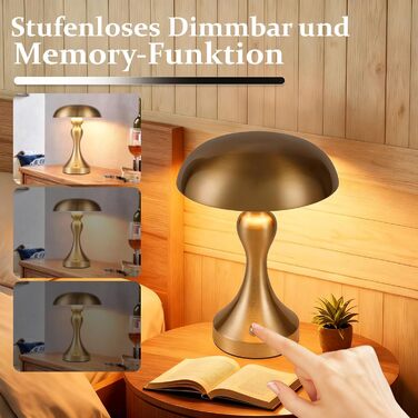 Бездротова настільна лампа з LED-підсвічуванням - торшер на акумуляторі, сенсорне керування, регулювання яскравості, вінтажний дизайн, USB-зарядка, нічник для спальні/вітальні, золото/бронза