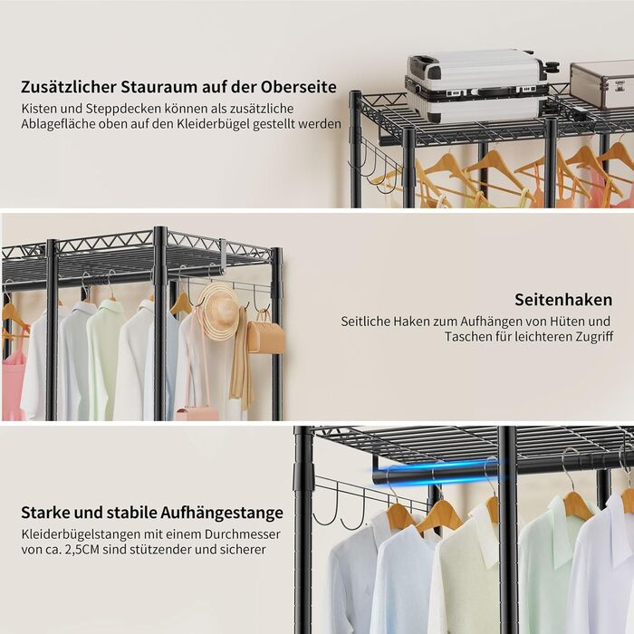 Відкритий шафа-система AQRA: зручний шафа-організатор з 9 полицями та 5 штангами для одягу, стійка для одягу з місткою конструкцією (193.5x43.5x195 см)