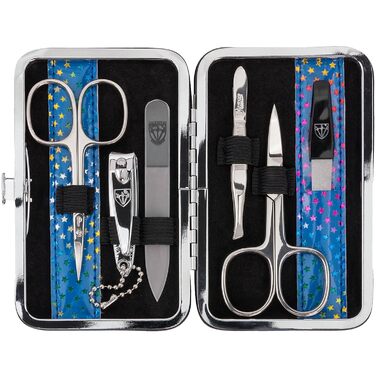 Набір манікюру DREI SCHWERTER 'Genova' 6 предметів | Німецький манікюрний набір у чорному еко-шкіряному футлярі | Вміст: кусачки для нігтів, ножиці для кутикули, пінцет, стеклянна пилка для нігтів, сапфірова пилка для нігтів (Sterne Blau)