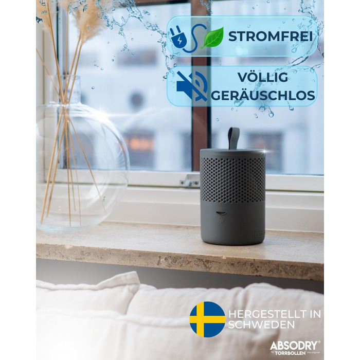 Безструмний осушувач повітря AbsoDry до 25 м² - з поповнюваним пакетом - з переробленого пластику - для вітальні, ванної кімнати, підвалу - осушувач для квартири - сірий