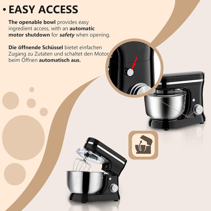 Кухонна машина Retoo 3-в-1 з нержавіючою чашею 6 л, 2000 Вт, 6 швидкостей, планетарний міксер, гак для тіста, вінчик, захист від бризок, кухонний комбайн, планетарна міксер, тістоміс